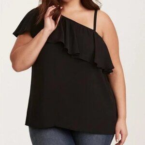 TORRID Sz 00 (10/M) Georgette Semi‎ Sheer Ruffled One Shoulder Top Black